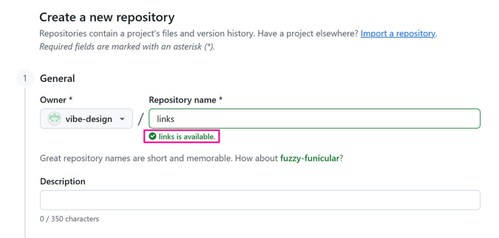 GitHubでリポジトリを作成する方法 ステップ4:Repository nameに『〇〇 is available.』と表示されました