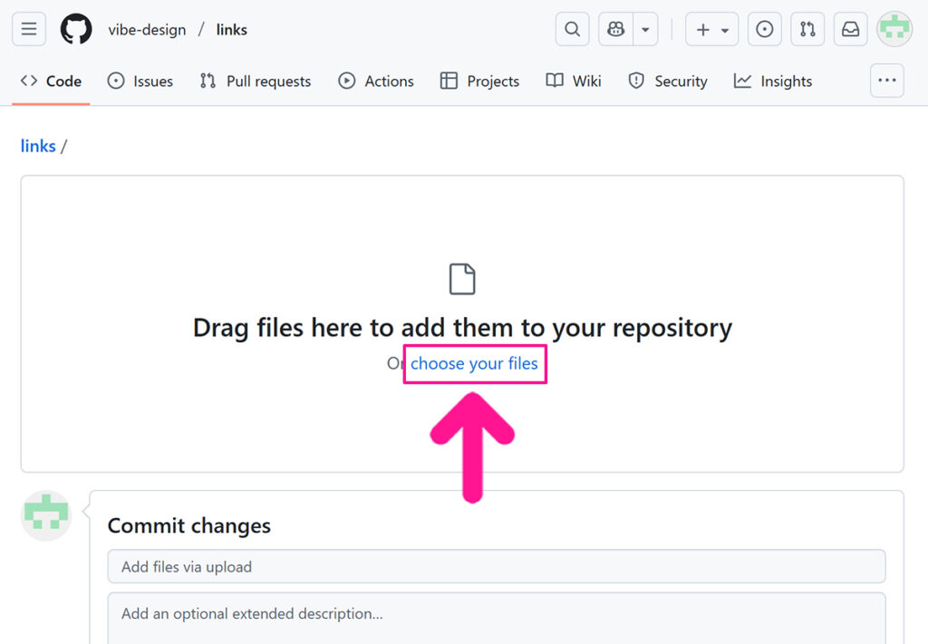 リポジトリにファイルをアップロードする方法 ステップ2:『choose your files』をクリックして、ウェブページに使うコードや画像のファイルを選択していく