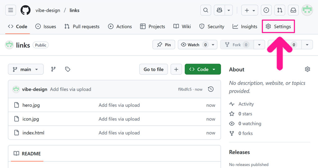 GitHub Pagesを開く方法 ステップ3:画面上部にある『Settings』をクリックする