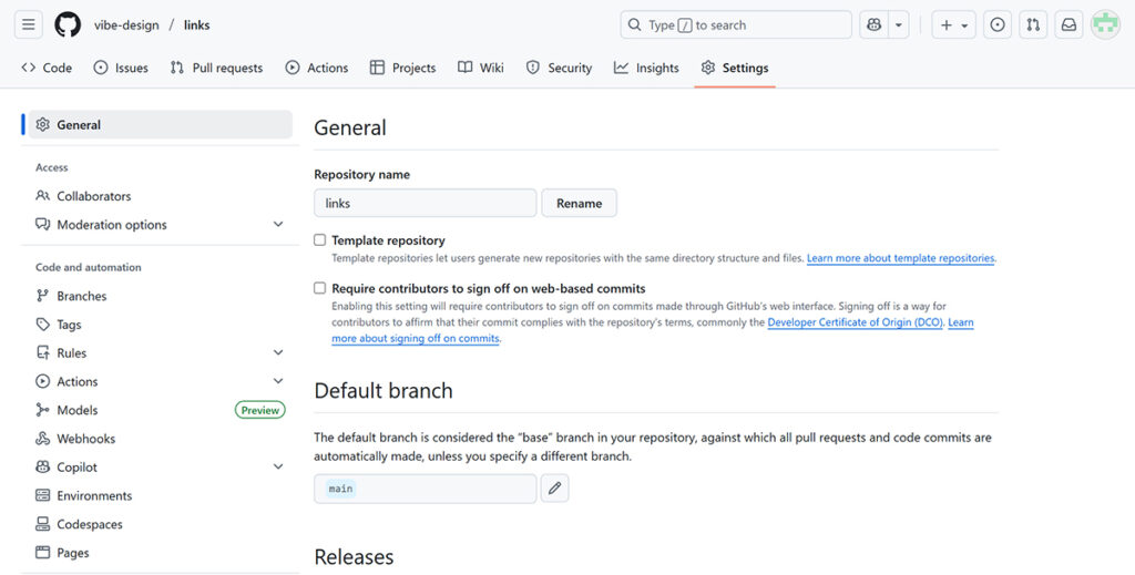 GitHubでウェブページを公開(デプロイ)する方法 ステップ2:Settingsページがひらきました
