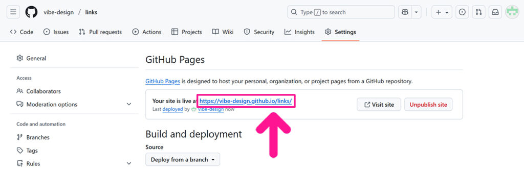 GitHubでウェブページを公開(デプロイ)する方法 ステップ11:画面をリロードすると、URLが表示されるので、そちらをクリックする
