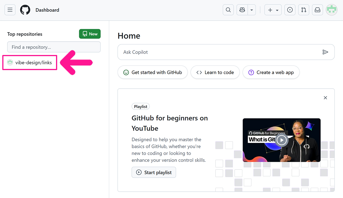 GitHub Pagesを開く方法 ステップ2:画面左側のリポジトリにある『あなたのGitHubのユーザー名/links』をクリックする