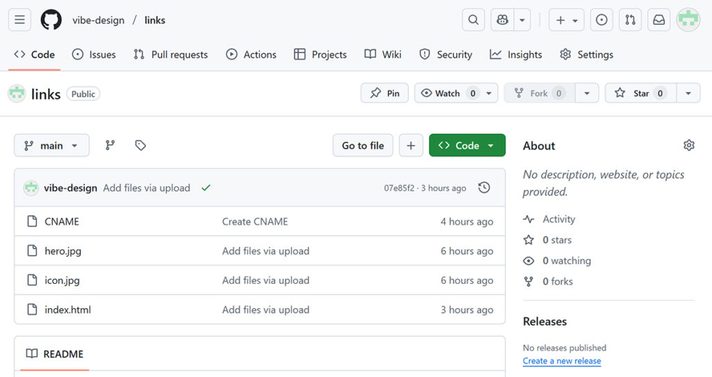 GitHub Pagesに独自ドメインを設定する方法 ステップ6:リポジトリにある、ファイル一覧が表示されました