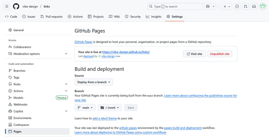 GitHub Pagesを開く方法 ステップ5:GitHub Pages画面がひらきました