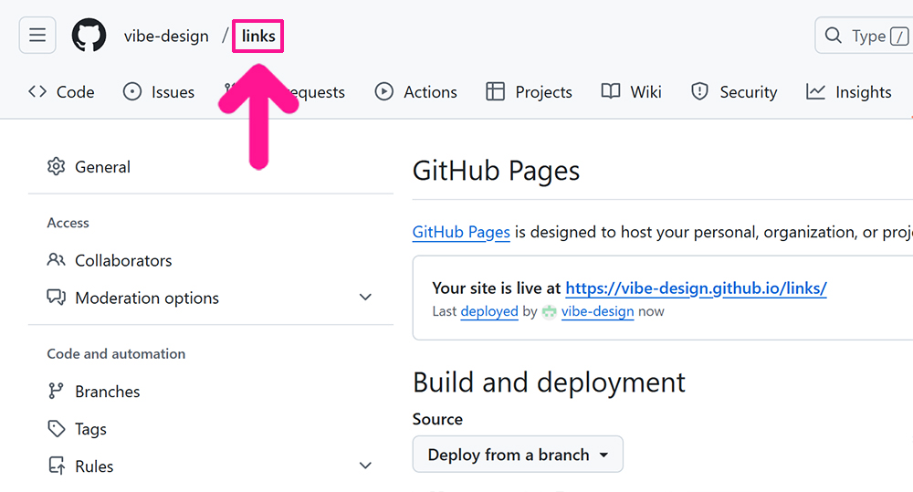 GitHub Pagesに独自ドメインを設定する方法 ステップ5:画面左上にある『links』をクリックする