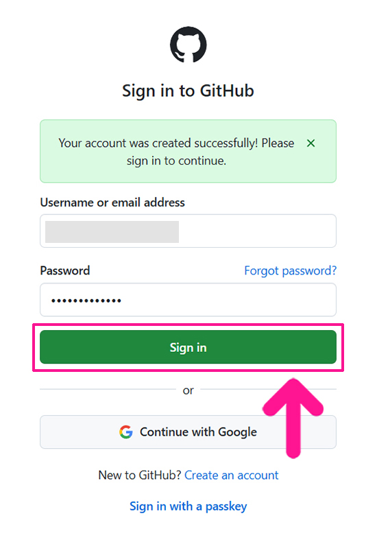 GitHubでアカウント作成する方法 ステップ11:『Sign in』ボタンをクリックする