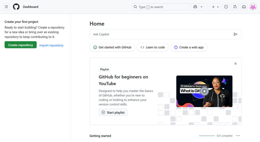 GitHubでアカウント作成する方法 ステップ12:GitHubにログインできました