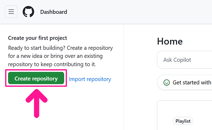 GitHubでリポジトリを作成する方法 ステップ1:画面左上にある『Create repository』ボタンをクリックする