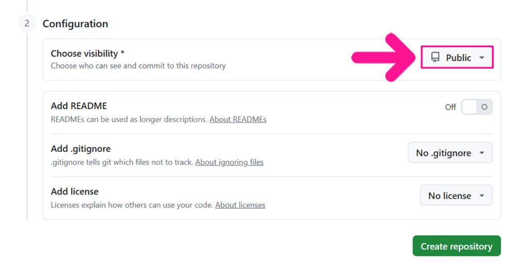 GitHubでリポジトリを作成する方法 ステップ5:Choose visibilityが『Public』になっていることを確認する