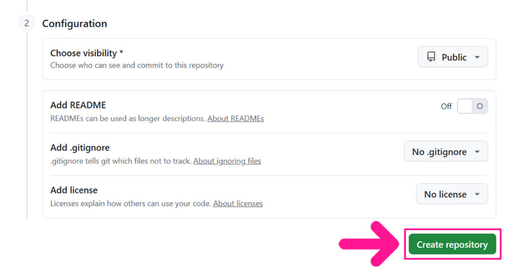 GitHubでリポジトリを作成する方法 ステップ6:画面右下にある『Create repository』ボタンをクリックする