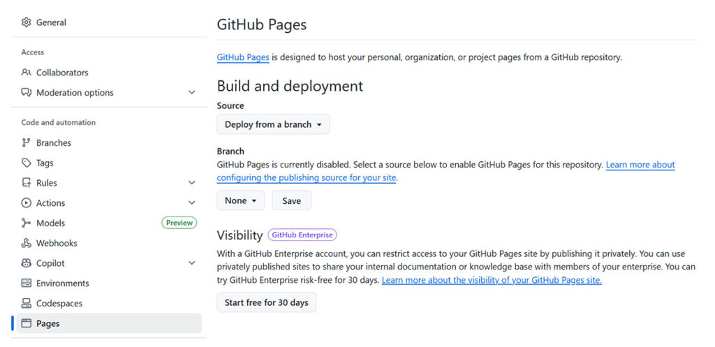 GitHubでウェブページを公開(デプロイ)する方法 ステップ4:Pagesページがひらきました