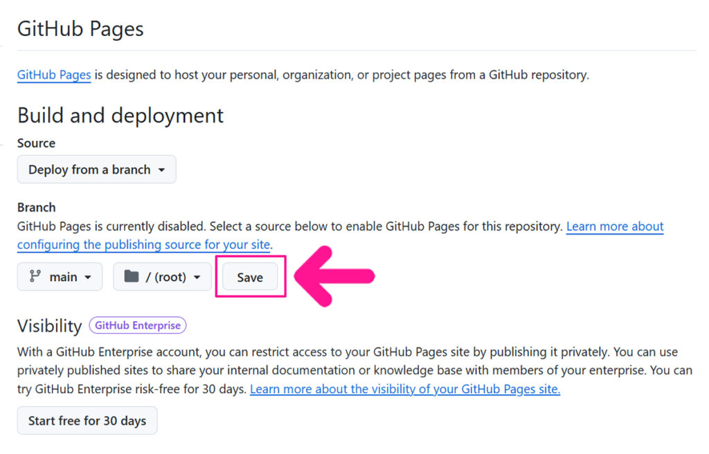 GitHubでウェブページを公開(デプロイ)する方法 ステップ9:『main』と『root』が選択できたら『Save』ボタンをクリックする