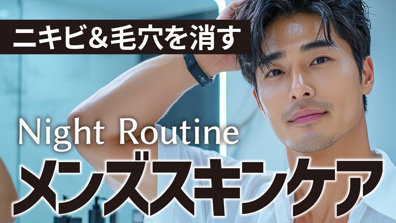鏡の前で髪を整える肌の綺麗な男性の写真に、『ニキビ&毛穴を消す Night Routine メンズスキンケア』という文字を重ねたメンズ美容・スキンケア系YouTubeサムネイルの作例。フリーフォントの『コーポレート・ロゴ ver2』を使用しています。(バイブデザインのおもち制作)