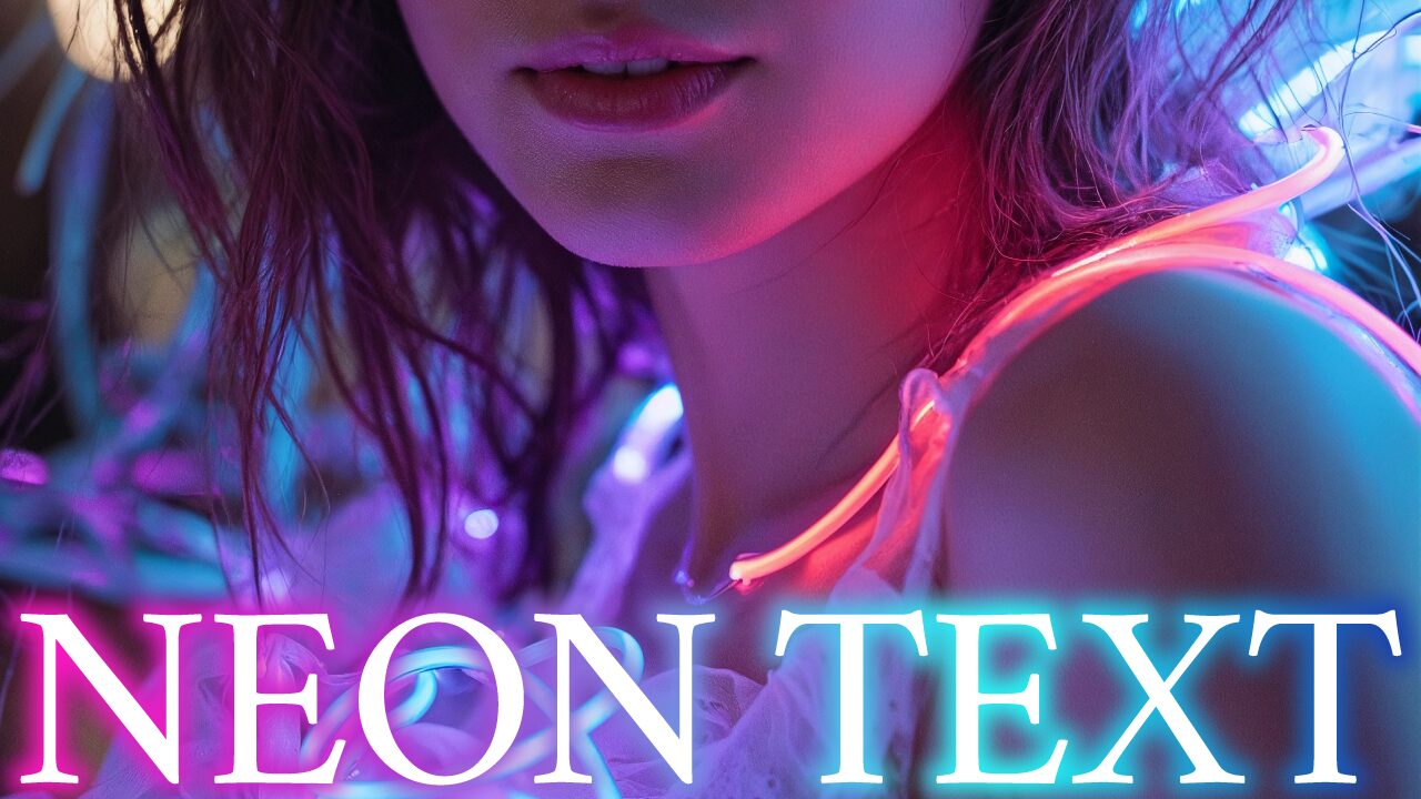 ピンクや青のネオンライトに照らされた女性の写真に、『NEON TEXT』という文字を重ねた、テキストエフェクトを紹介するYouTubeサムネイルの作例。フリーフォントの『源暎ノンブル』を使用しています。（バイブデザインのおもち制作）