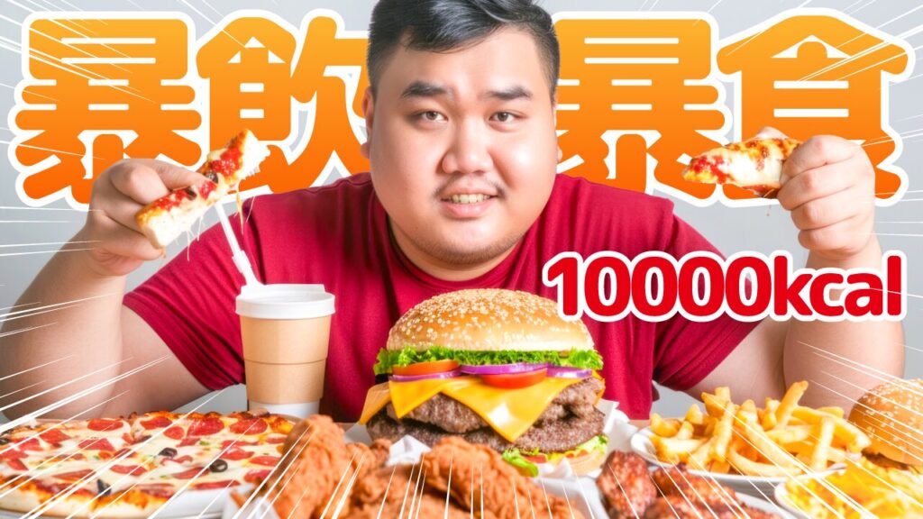 ピザやハンバーガーなど大量のジャンクフードを前にした男性の写真に、『暴飲暴食 10000kcal!』という文字を重ねた大食い系YouTubeサムネイルの作例。フリーフォントの『M PLUS Rounded 1c』を使用しています。(バイブデザインのおもち制作)