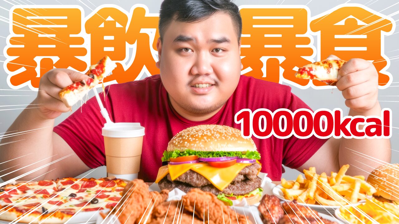 ピザやハンバーガーなど大量のジャンクフードを前にした男性の写真に、『暴飲暴食 10000kcal!』という文字を重ねた大食い系YouTubeサムネイルの作例。フリーフォントの『M PLUS Rounded 1c』を使用しています。(バイブデザインのおもち制作)