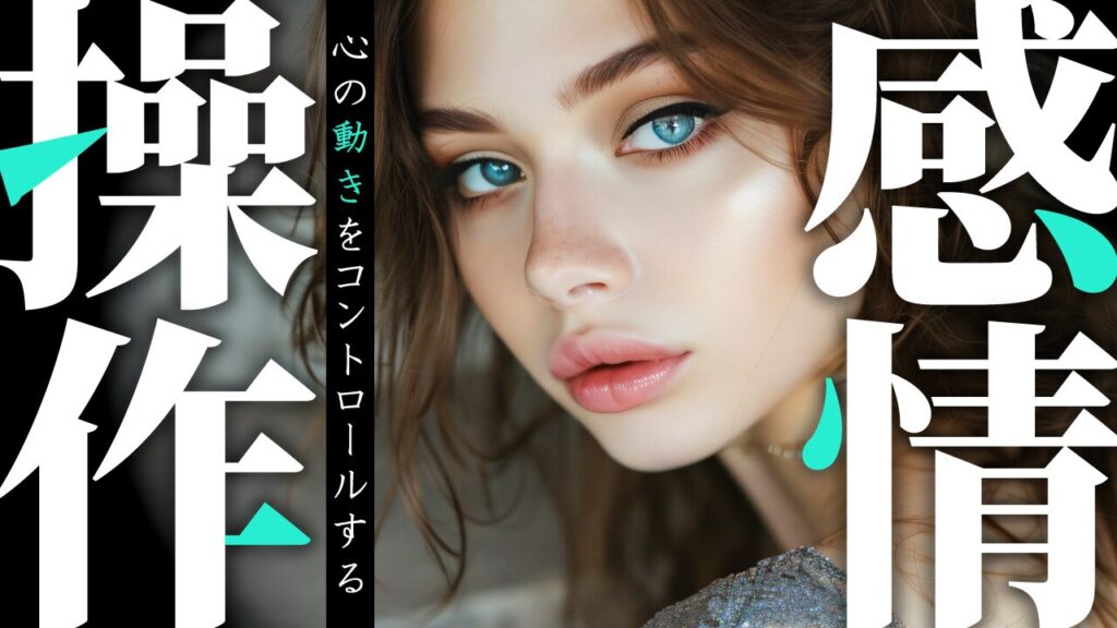 青い瞳が印象的な女性の顔のアップに、『感情操作 心の動きをコントロールする』という文字を重ねた心理学系YouTubeサムネイルの作例。(バイブデザインのおもち制作)