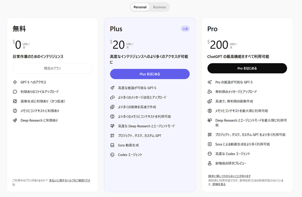 ChatGPT Plusの支払い方法 ステップ4:プラン一覧が表示されました