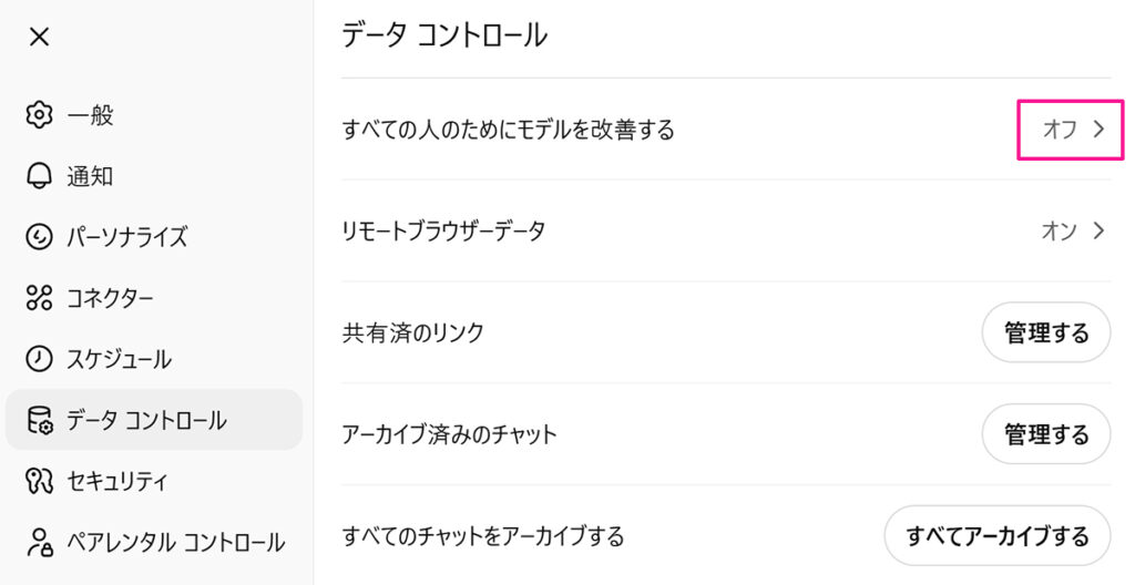 ChatGPTに学習させない方法 ステップ9:『すべての人のためにモデルを改善する』の右側に『オフ』と表示されていたらOK