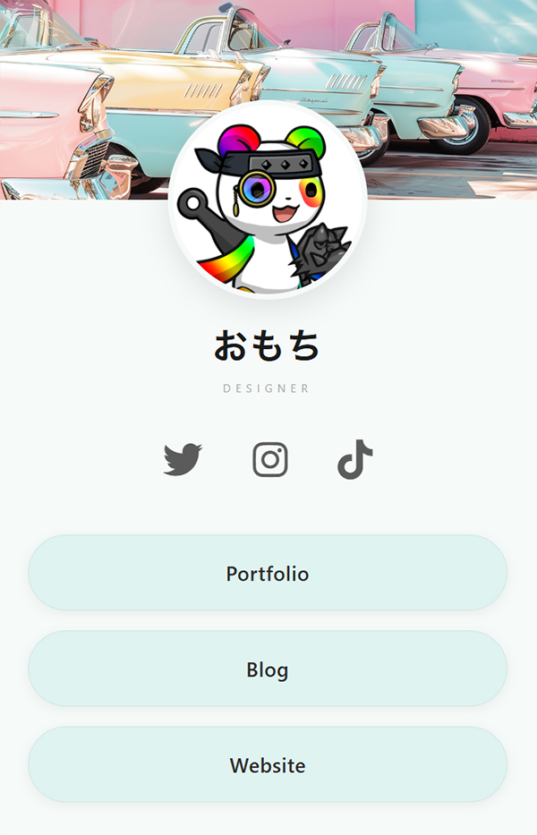 ChatGPTで作れるプロフィールリンクページの完成イメージ：フェミニンなミントグリーンバージョン