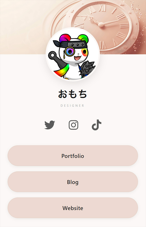 ChatGPTで作れるプロフィールリンクページの完成イメージ：大人可愛いピンクゴールドバージョン