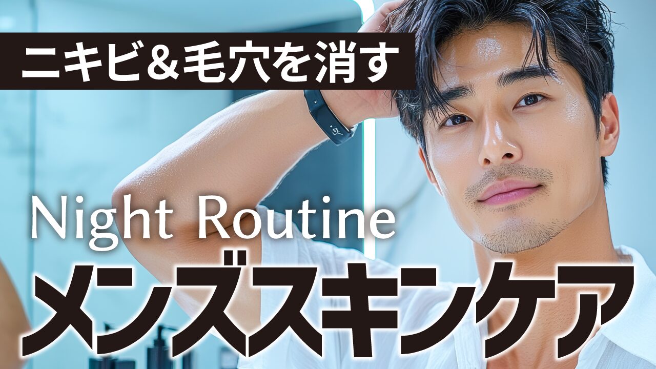 鏡の前で髪を整える肌の綺麗な男性の写真に、『ニキビ＆毛穴を消す Night Routine メンズスキンケア』という文字を重ねたメンズ美容・スキンケア系YouTubeサムネイルの作例。フリーフォントの『コーポレート・ロゴ ver2』を使用しています。（バイブデザインのおもち制作）