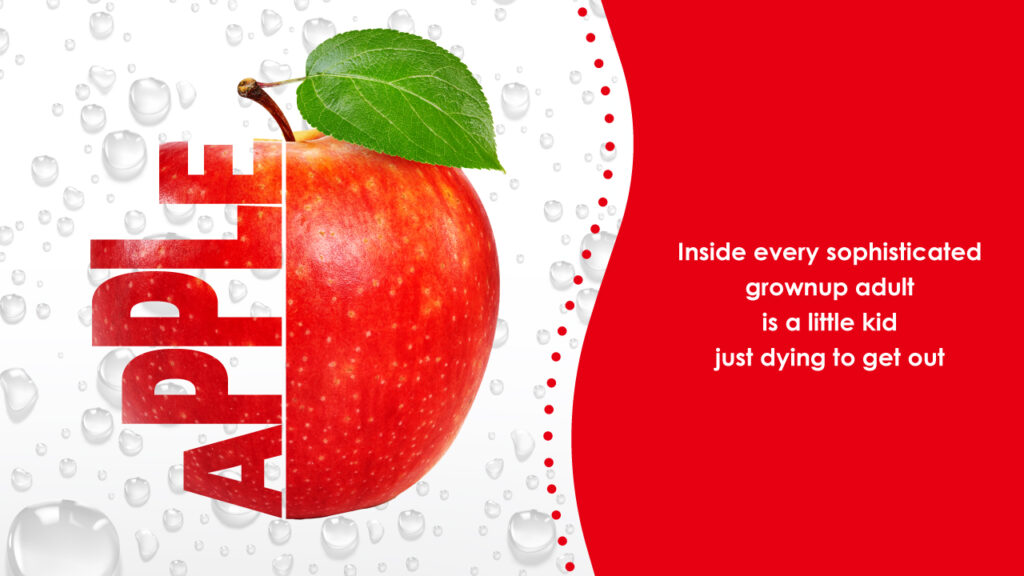 グラフィックデザイナーおもち制作 - 水滴と赤いりんごのフレッシュなタイポグラフィデザイン「APPLE」