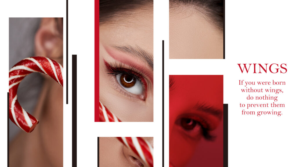 グラフィックデザイナーおもち制作 - 赤いグリッターアイシャドウのメイクアップと紅白キャンディケーンをモチーフにした、赤・白・黒のカラースキームで構成されたファッションコラージュデザイン「WINGS」