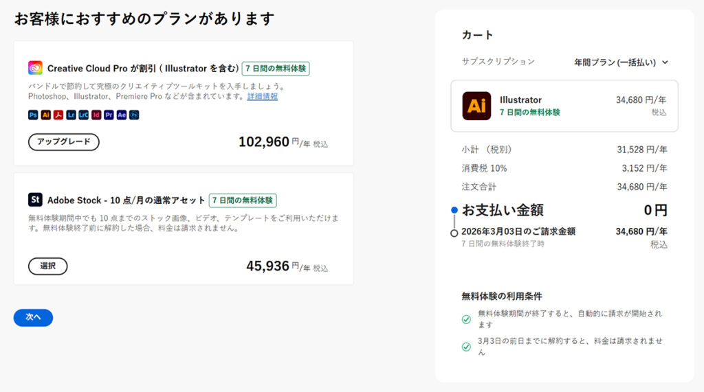 Illustratorのインストール方法 ステップ10:お支払い金額の確認ページが表示されました