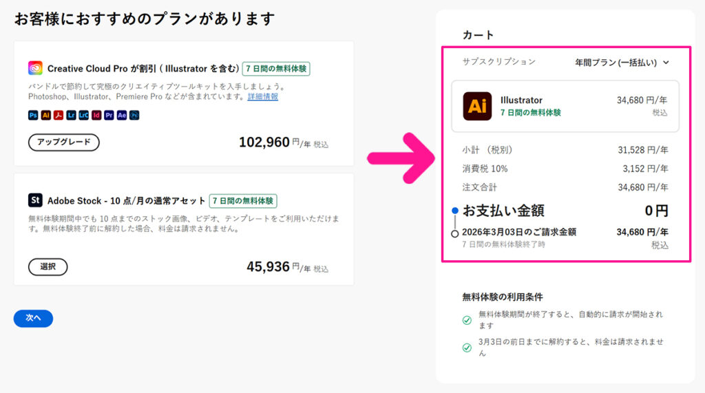 Illustratorのインストール方法 ステップ11:お支払い金額が『0円』になっていることを確認する