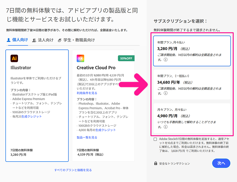 Illustratorのインストール方法 ステップ5:サブスクリプションのプランを選ぶ