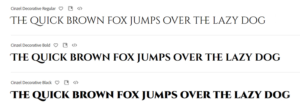 adobeフォントおすすめ7選【Cinzel Decorative】文字の端に繊細な装飾が入っていて、高級感やエレガントな雰囲気を演出できる
