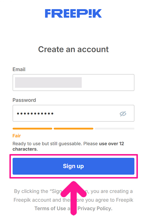 Freepikアカウントの作成方法 ステップ10:『Sign up』ボタンをクリックする