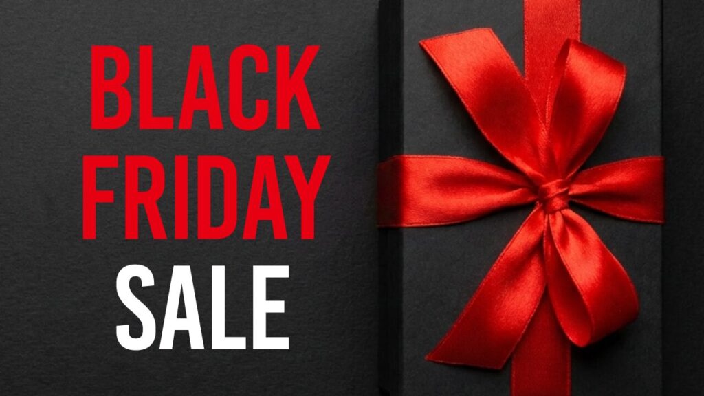 Bebas Kaiを使用したサムネイルデザインの例。黒い背景に赤いリボンのギフトボックスを配置し、「BLACK FRIDAY SALE」の文字を大きく配置したインパクトのあるデザイン(バイブデザインのおもち制作)